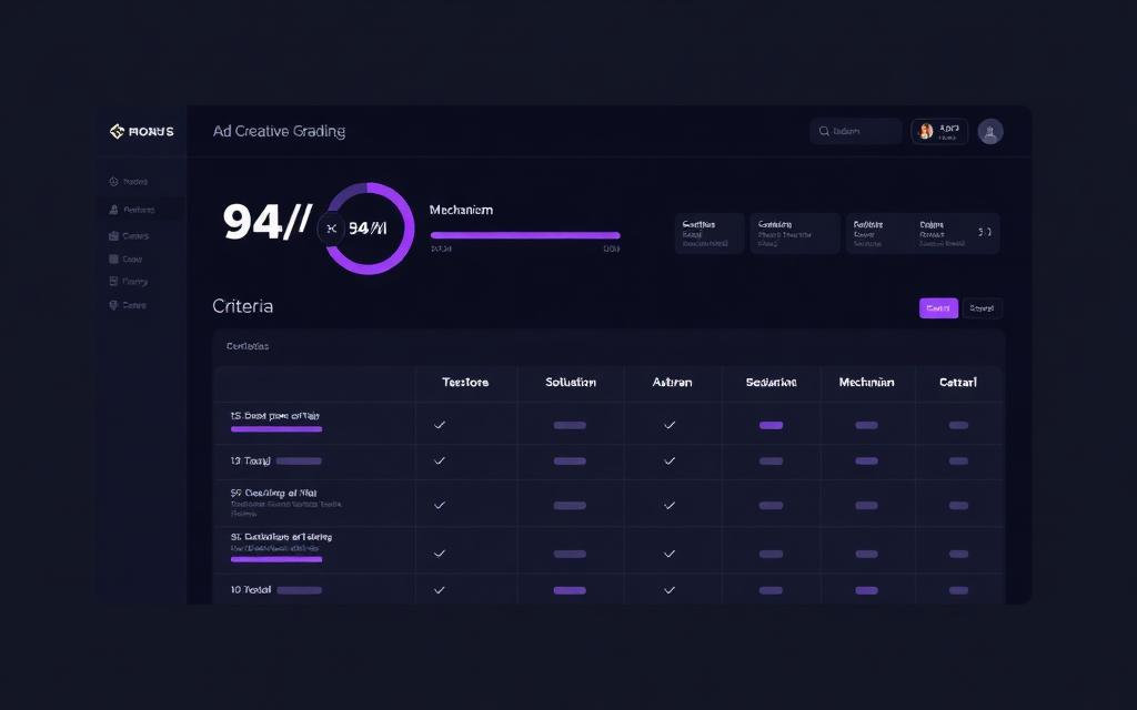 Ad Grading dashboard showing a creative scored 94 out of 100 across performance criteria