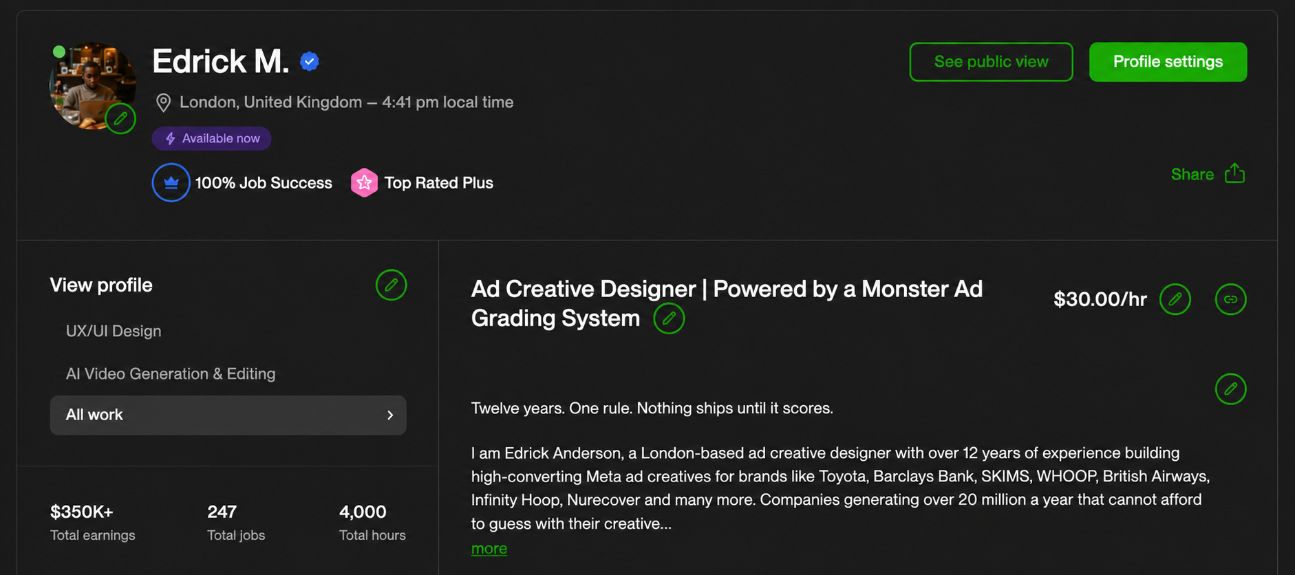 Upwork Top Rated Plus profile screenshot — 100% Job Success, $350K+ earnings